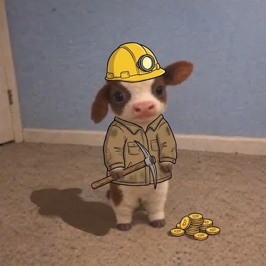 binky in a miner helmet beside a pile of gold coins